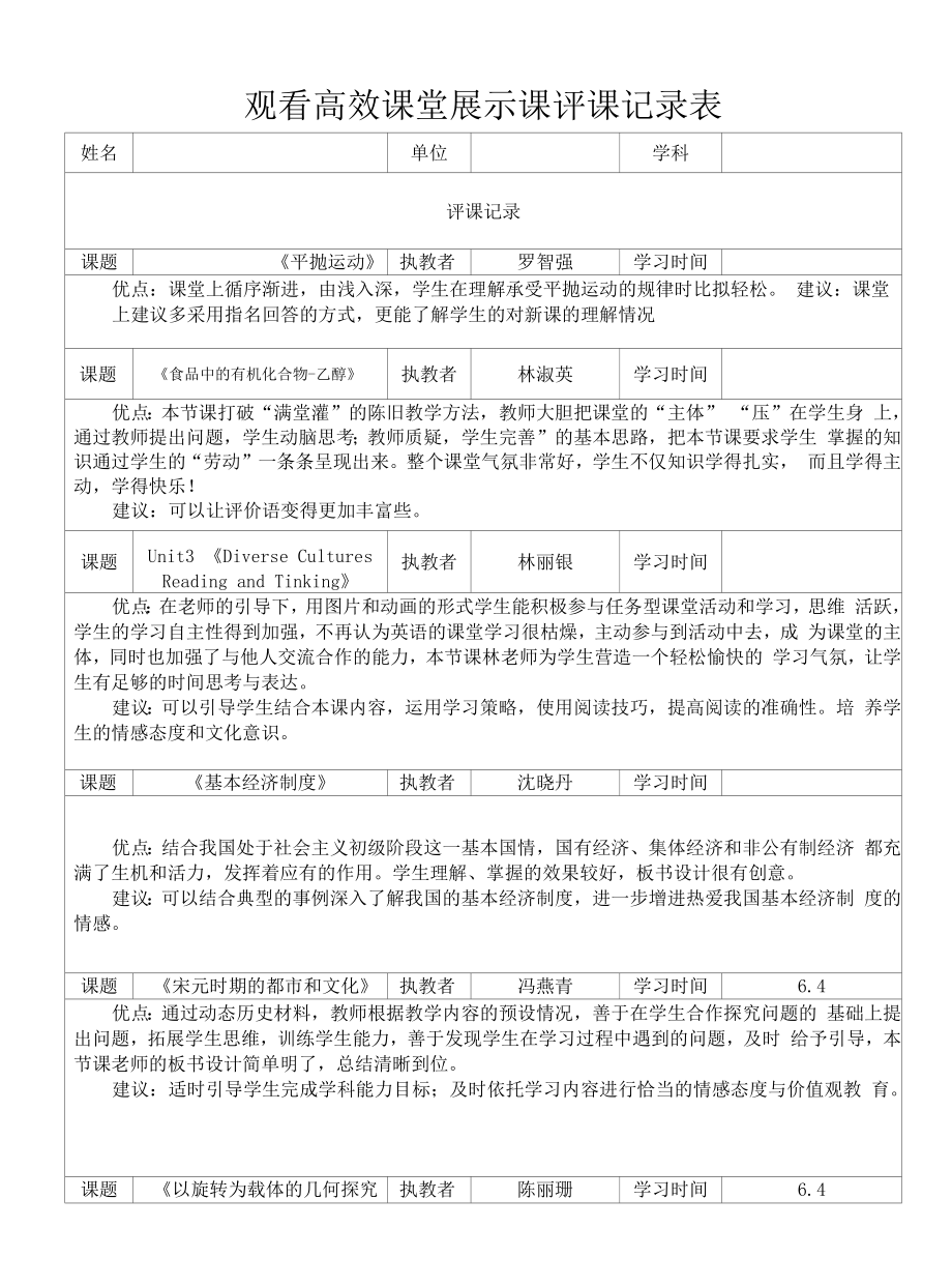 高效课堂展示课评课记录表7.docx_第1页