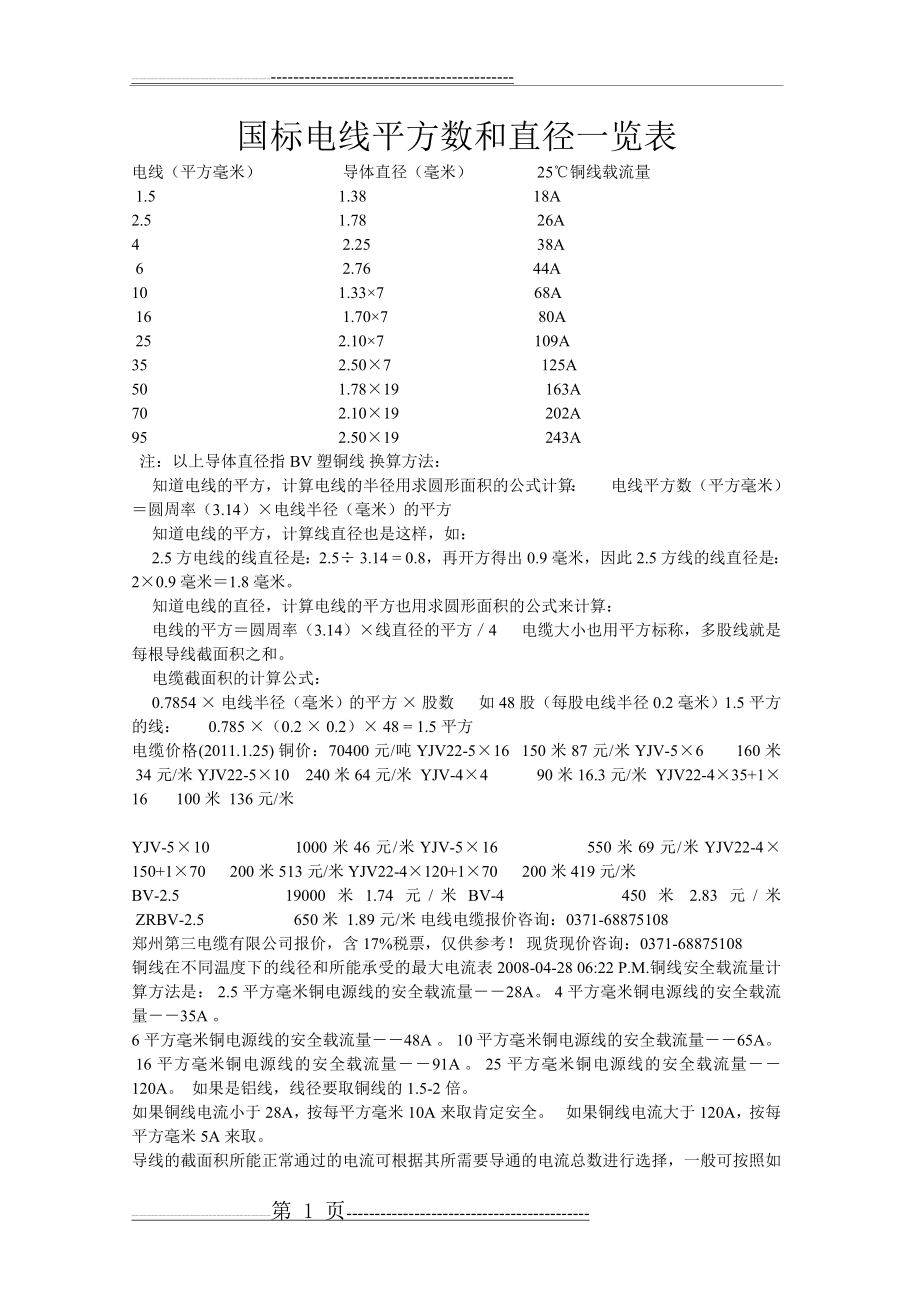 国标电线平方数和直径一览表99568(2页).doc_第1页