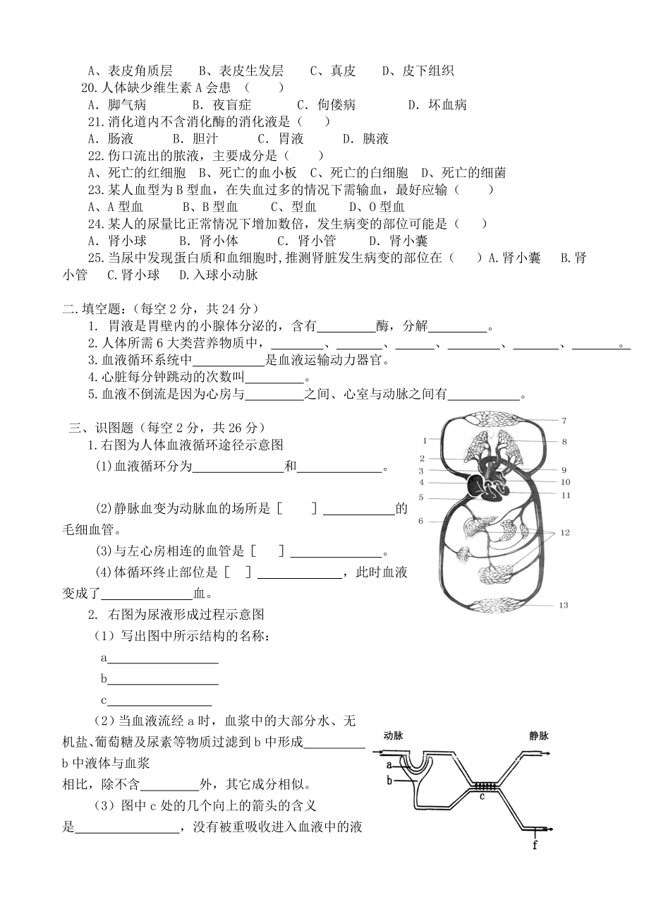 北师大版七年级下册生物期中测试卷.doc_第2页