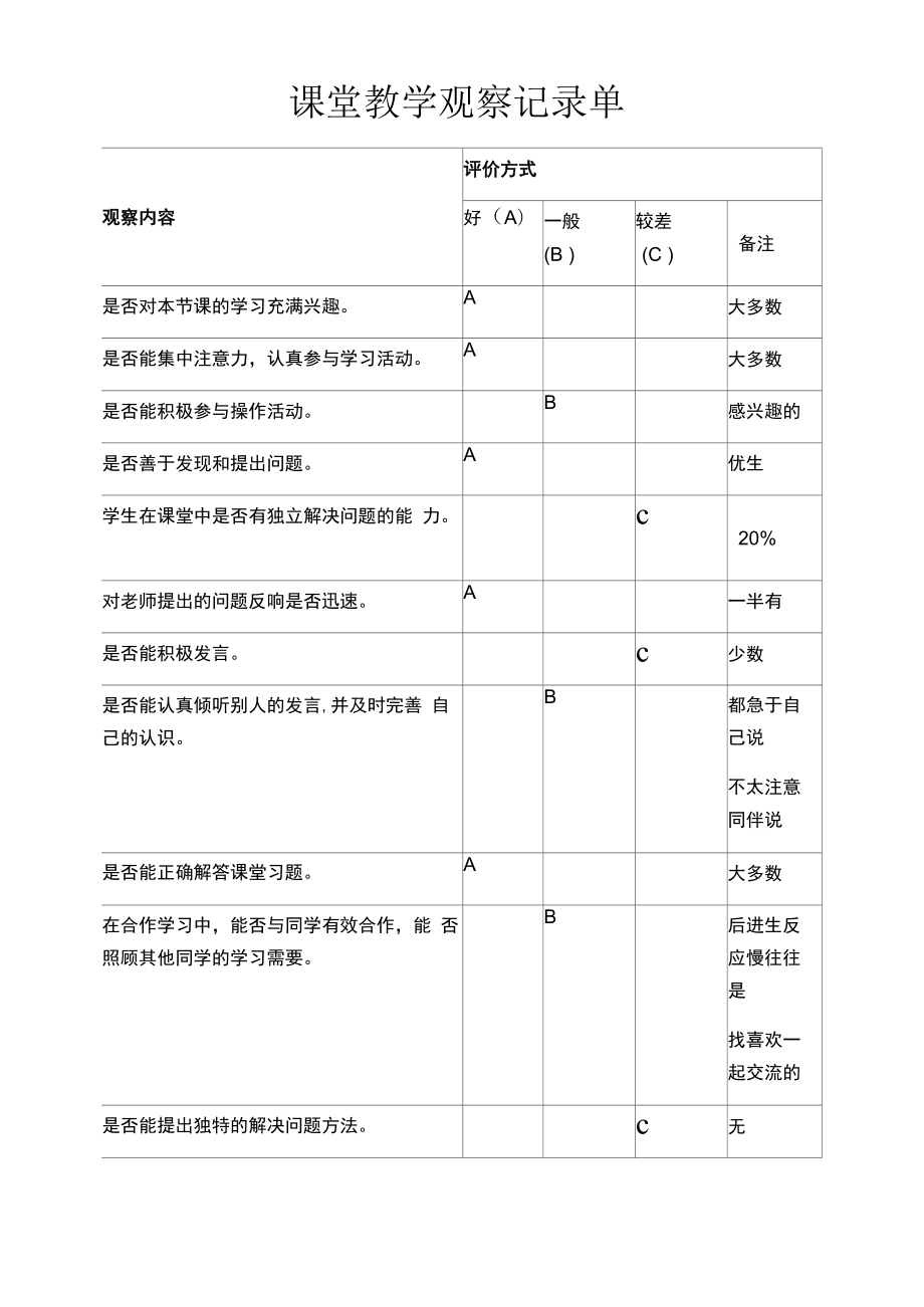 课堂观察记录单.docx_第1页