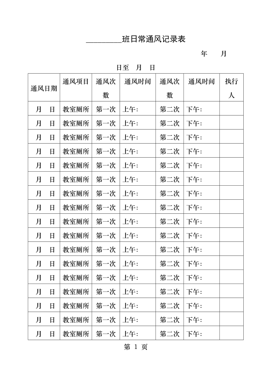 班日常通风记录表.docx_第1页