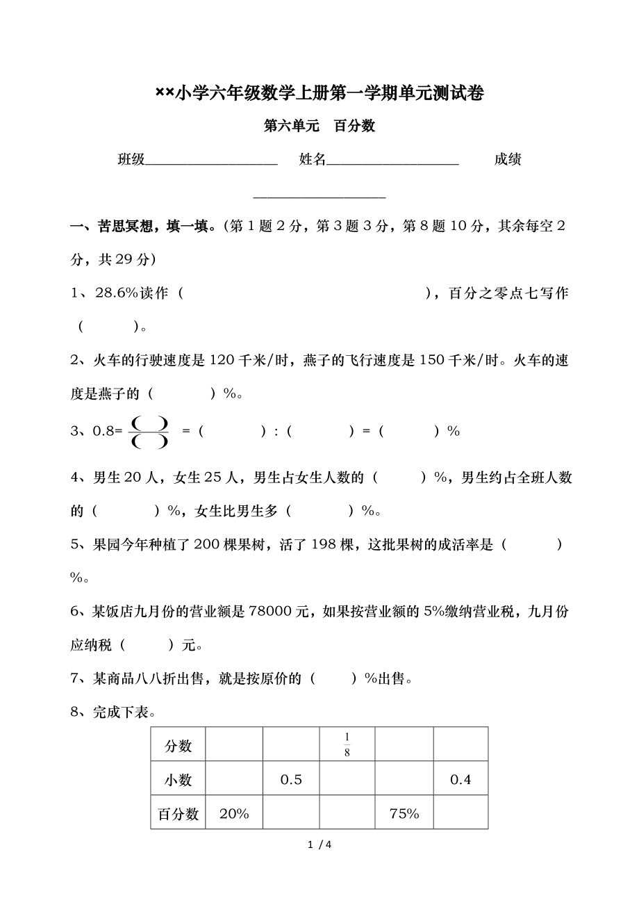 苏教版六年级数学上第六单元百分数测试.doc_第1页