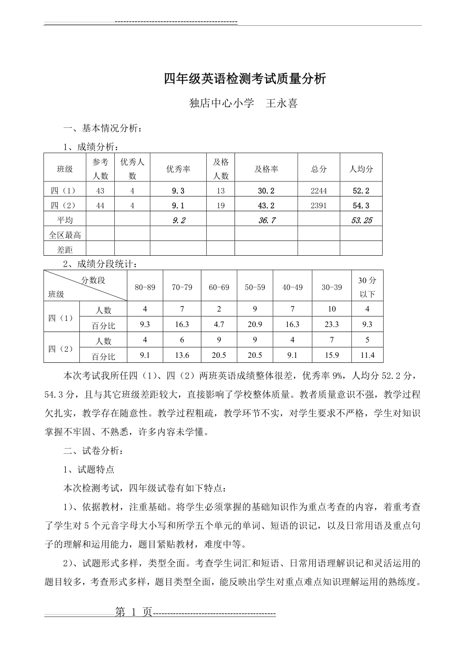 四年级英语检测考试质量分析(5页).doc_第1页