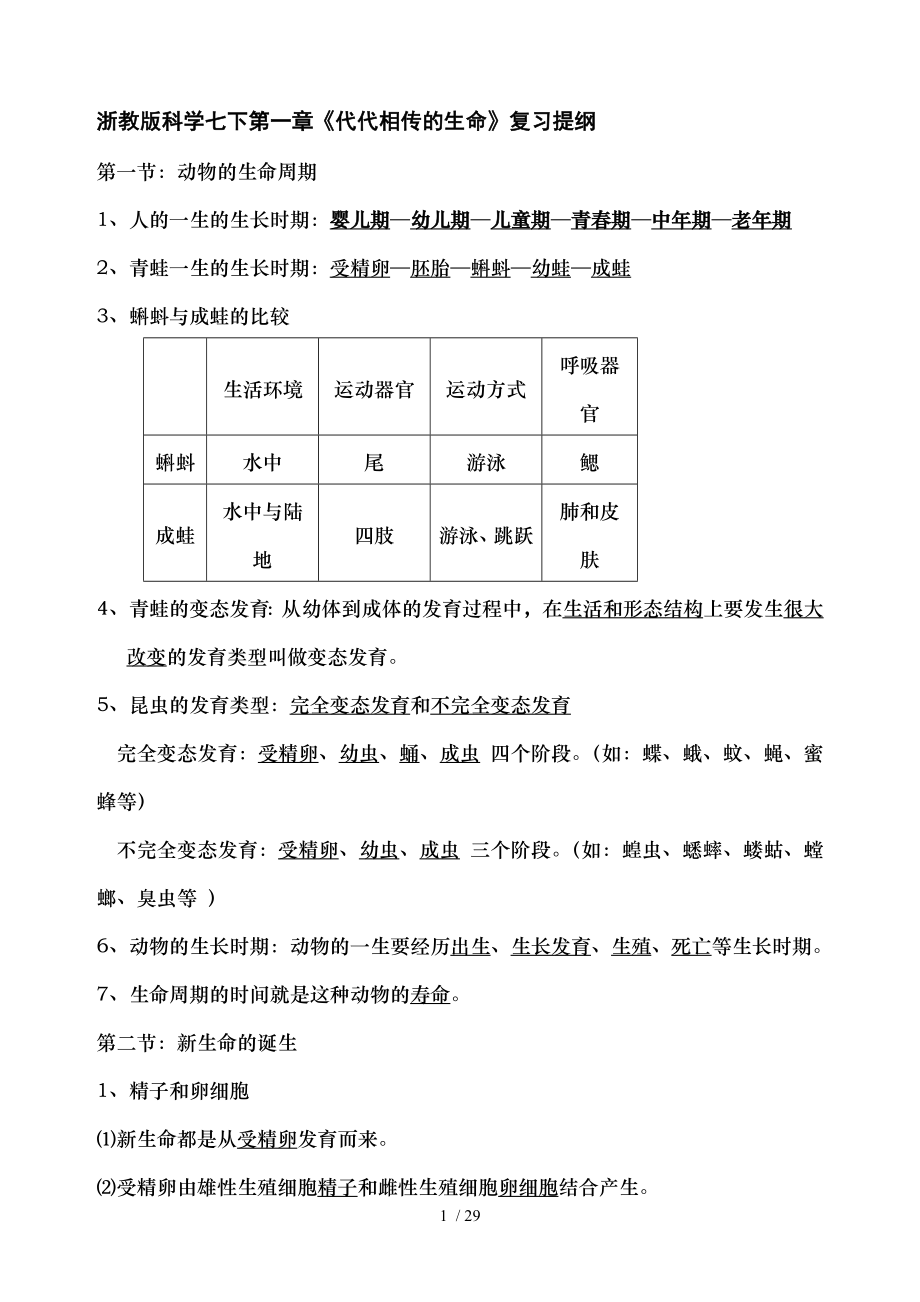 浙教版科学七年级下第一章《代代相传的生命》和第二章《对环境的察觉》期末复习提纲.doc_第1页