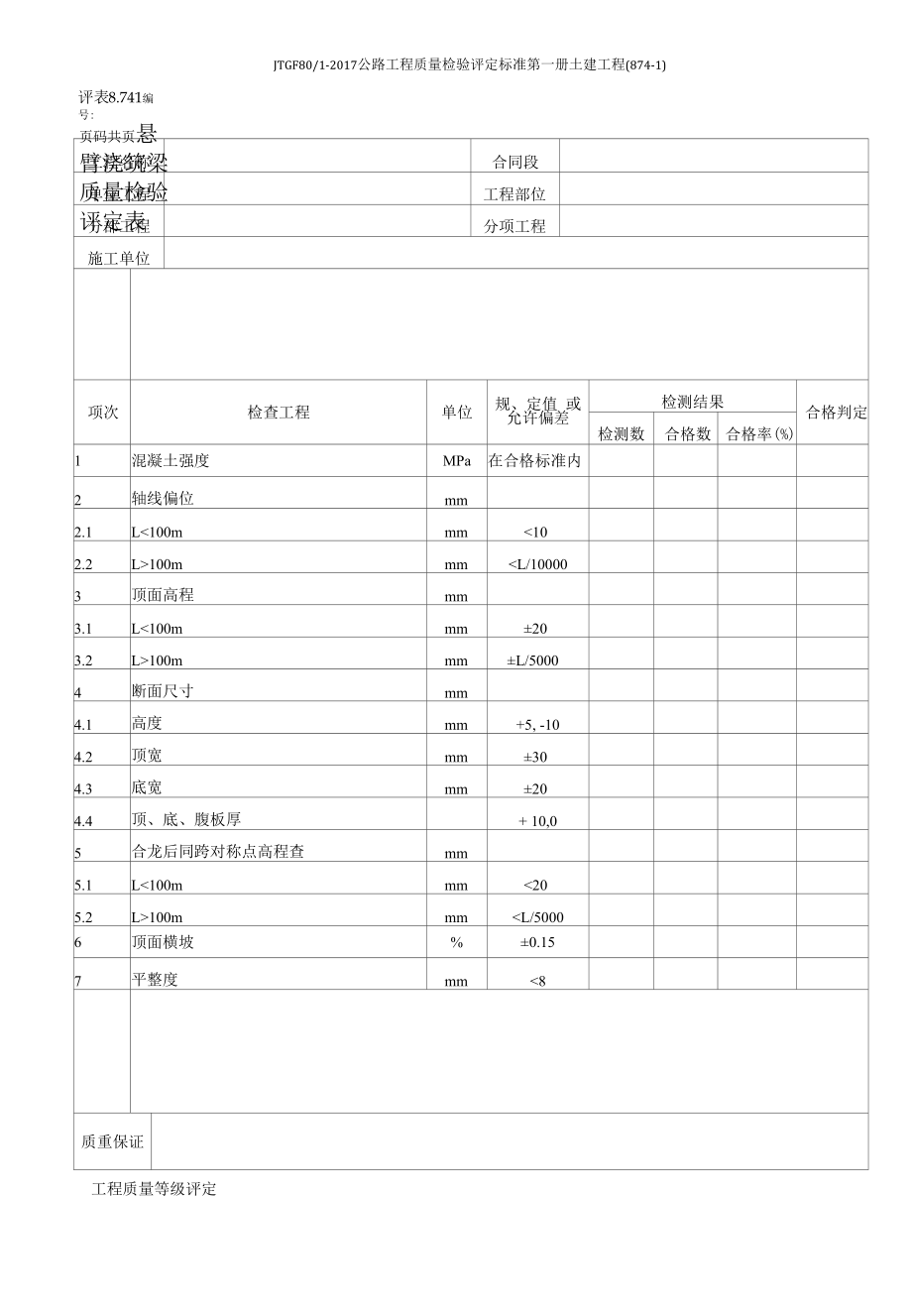 悬臂浇筑梁质量检验评定表.docx_第1页