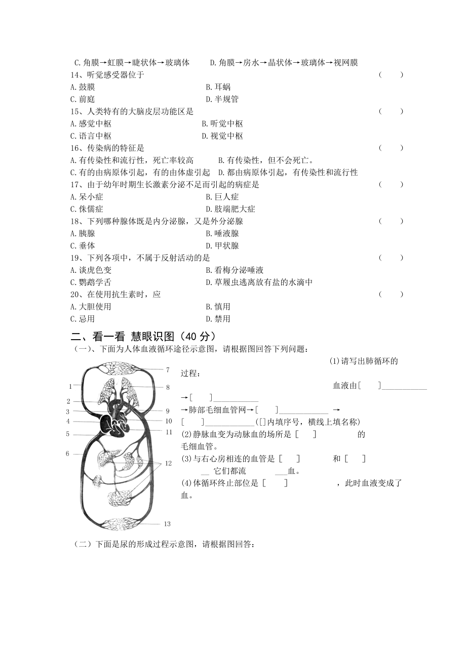 人教版七年级下册生物期末试卷4.doc_第2页