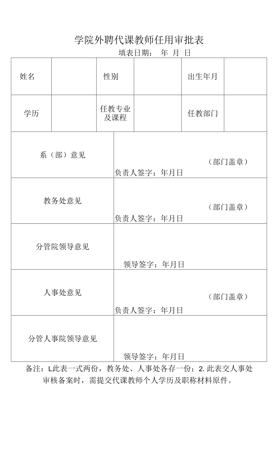 学院外聘代课教师任用审批表.docx_第1页