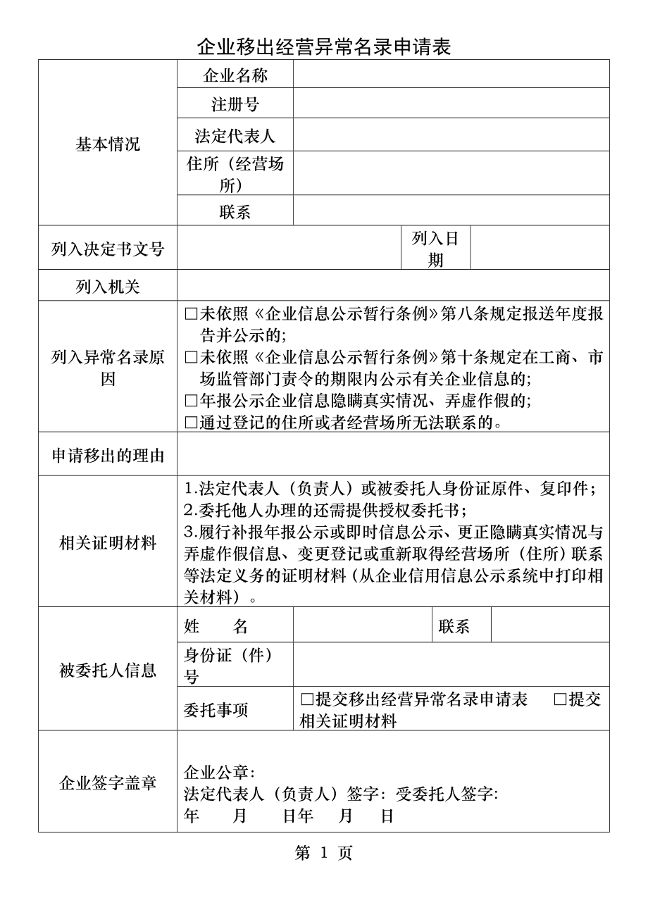 企业合作社个体移出经营异常名录申请表.docx_第1页