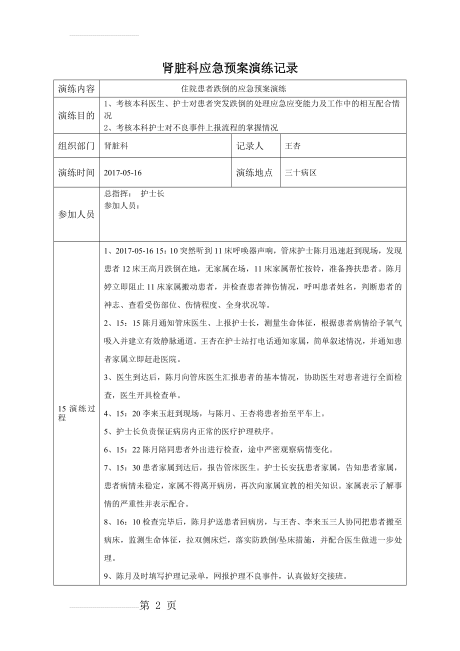 住院患者跌倒的应急预案演练(3页).doc_第2页