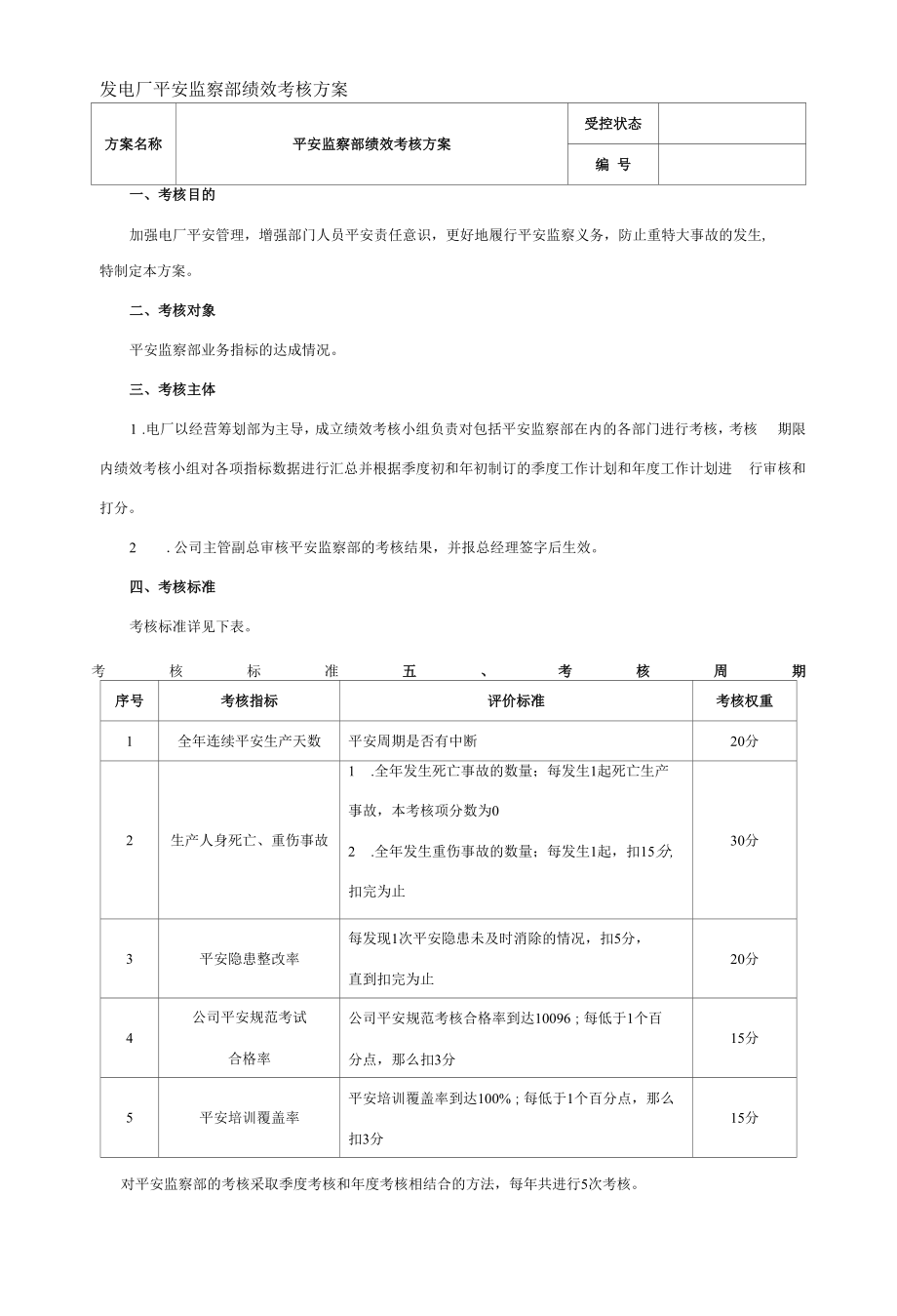 发电厂安全监察部绩效考核方案.docx_第1页