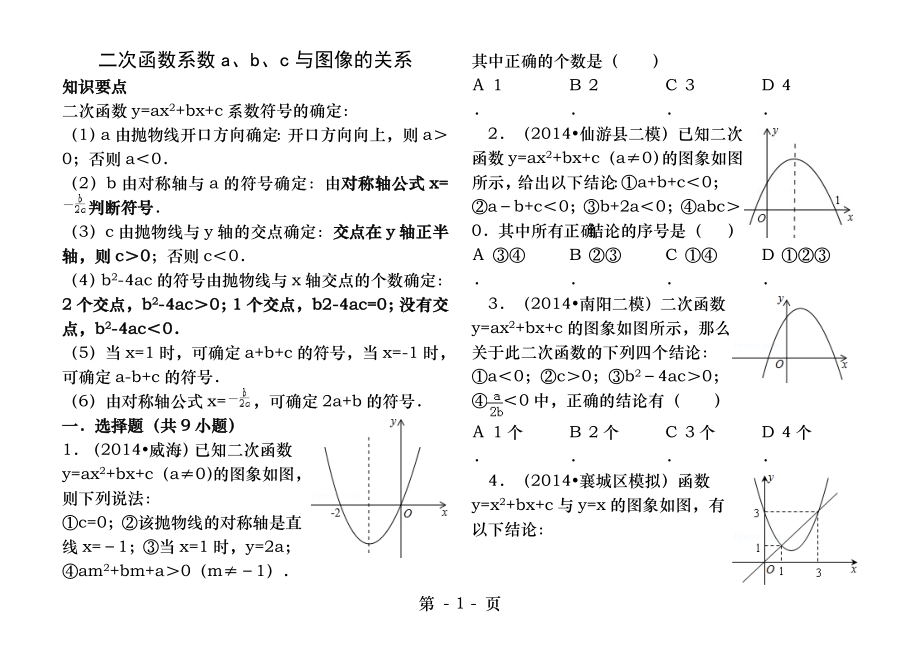 二次函数系数abc与图像的关系精选练习题.docx_第1页