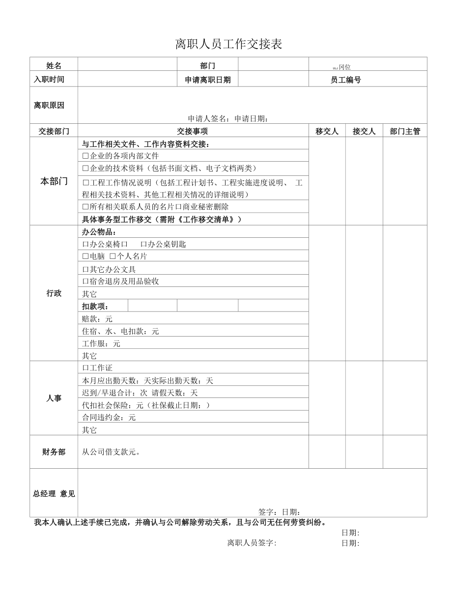 化妆品质量体系文件008 离职交接表.docx_第1页