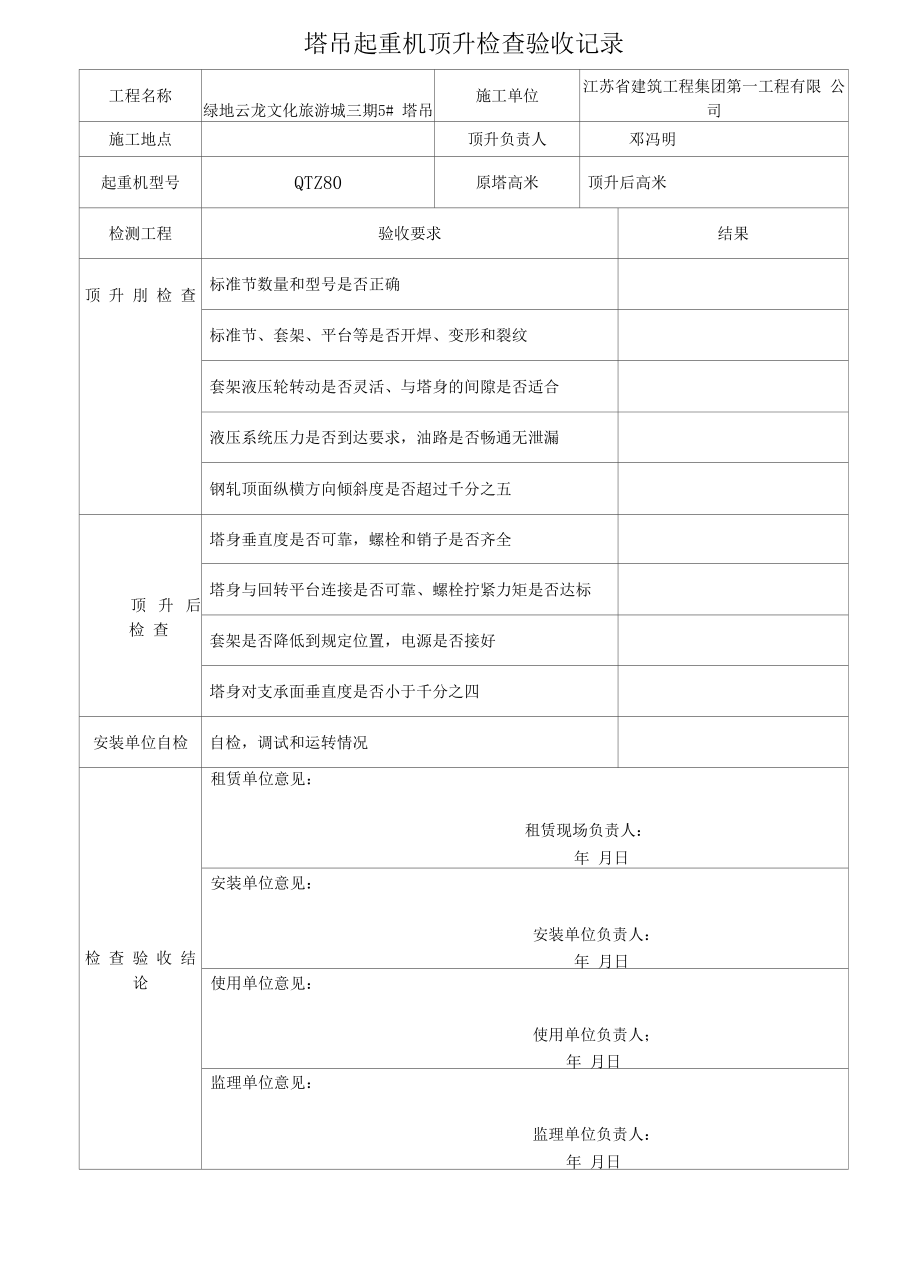 株洲塔式起重机顶升检验记录.docx_第1页