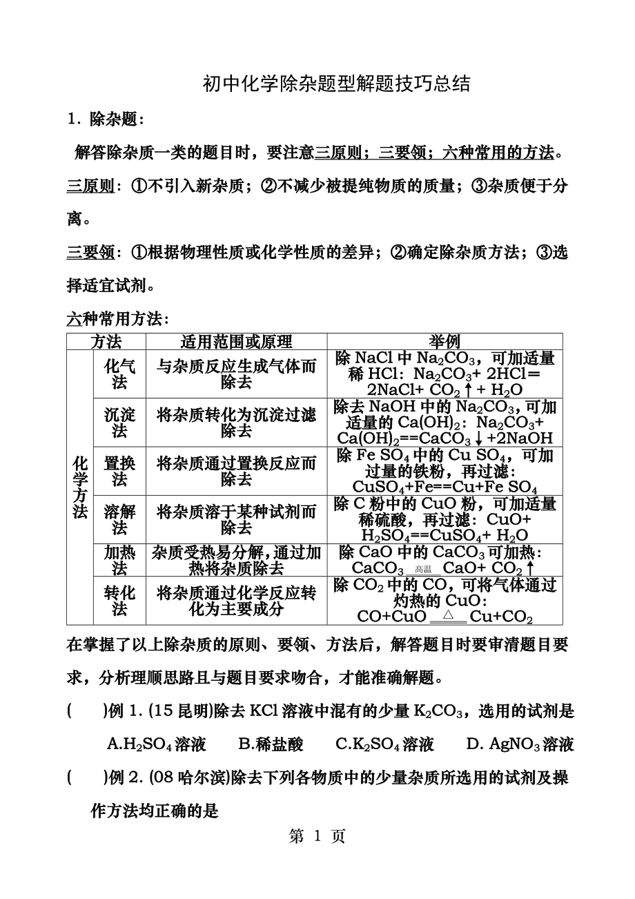 初中化学除杂题型解题技巧总结.docx_第1页