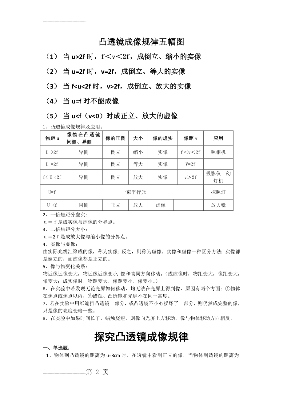 凸透镜成像规律知识点及习题(4页).doc_第2页