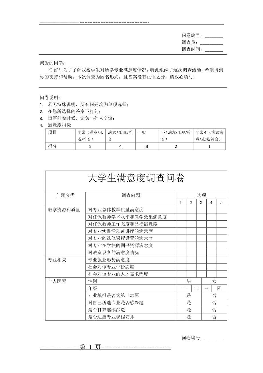 大学生专业满意度调查问卷(5页).docx_第1页