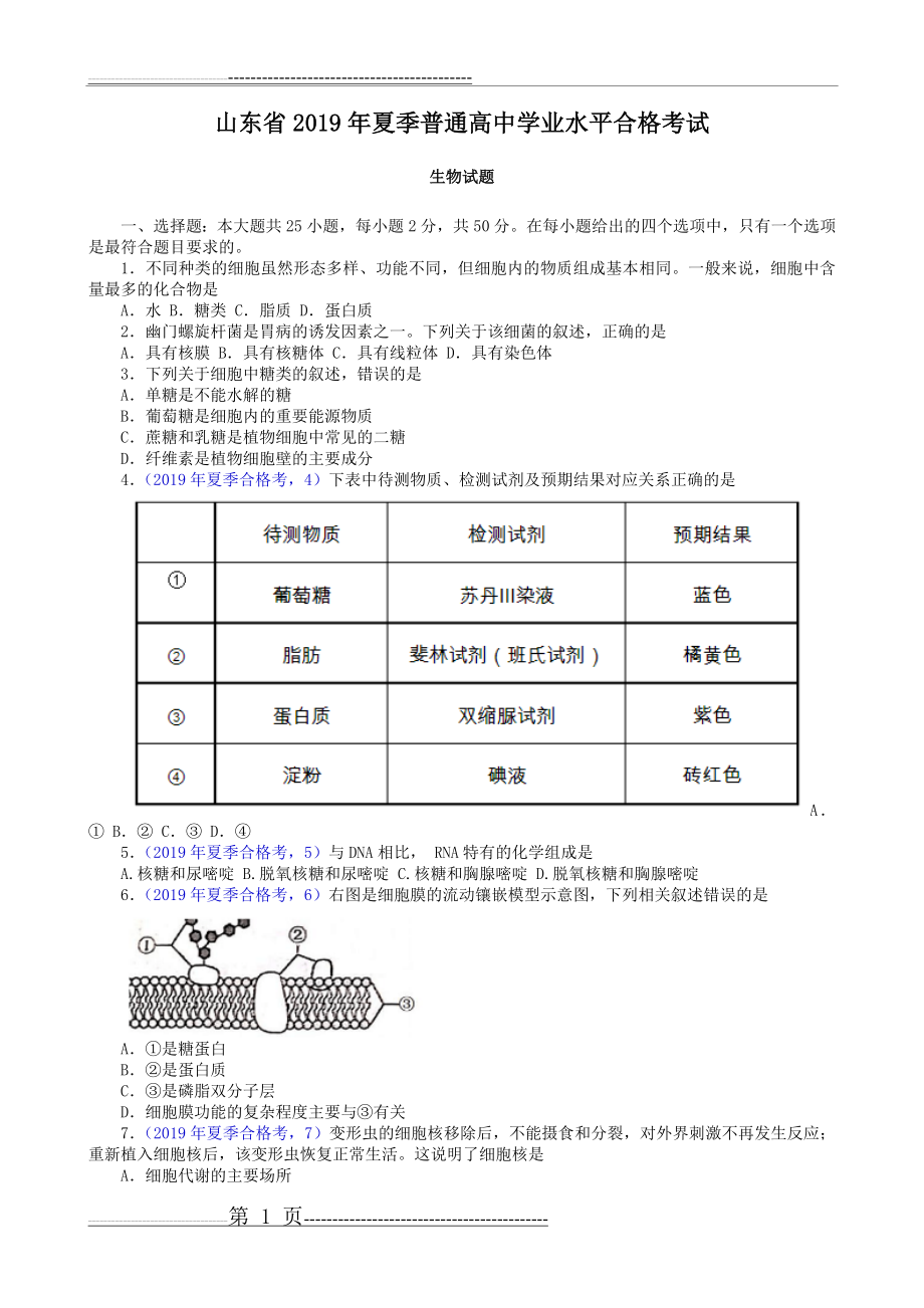 山东省2019年夏季普通高中学业水平合格考试-生物(6页).doc_第1页