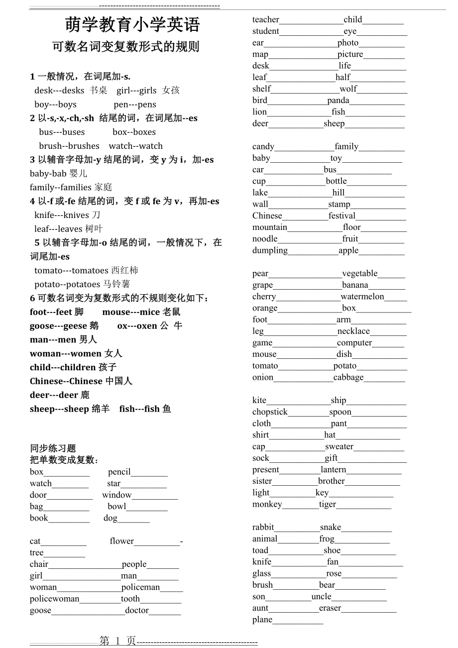 小学英语名词单数变复数规则及练习(1页).doc_第1页