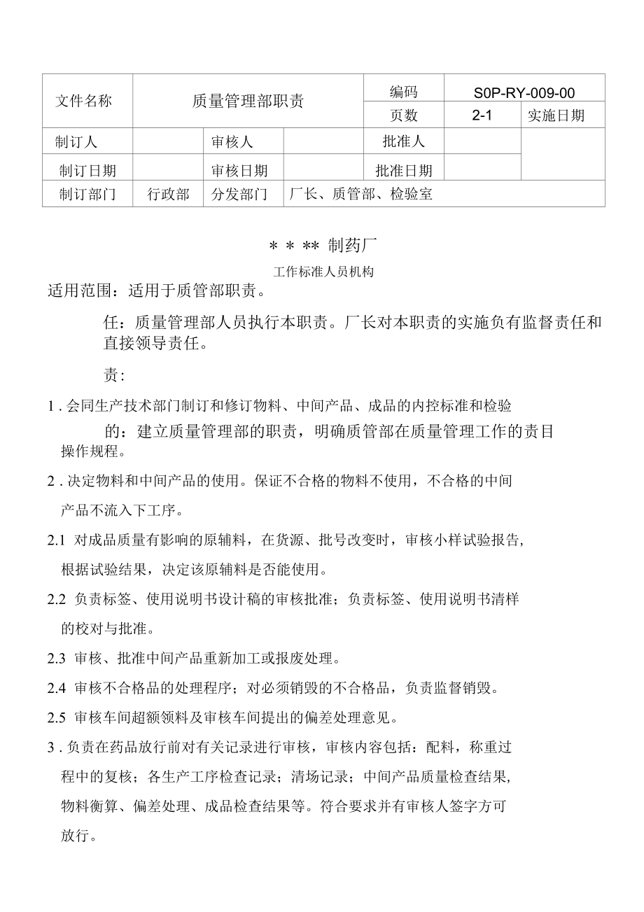 药品GMP文件质量管理部职责.docx_第1页