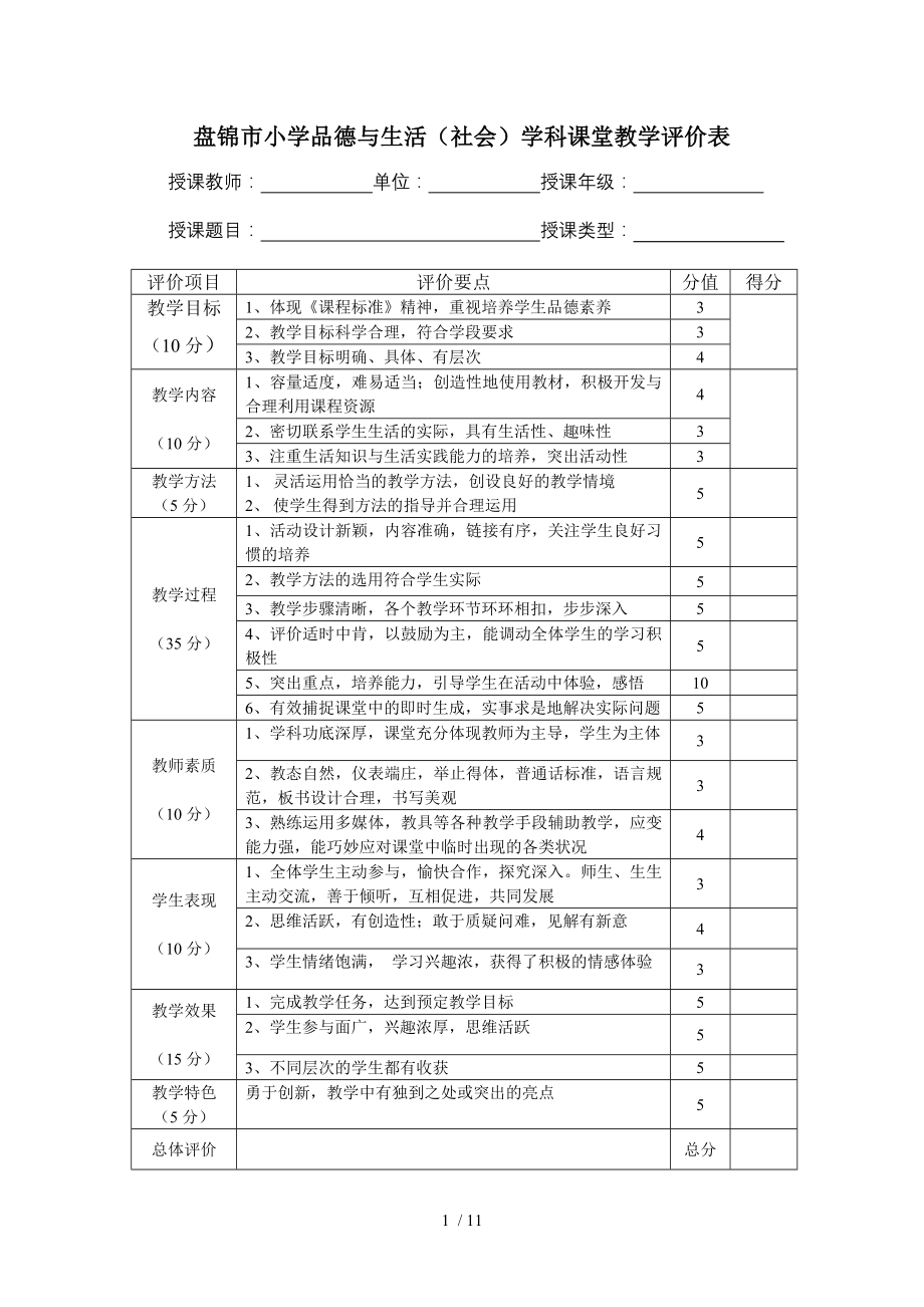 盘锦市小学各学科课堂教学评价标准.doc_第1页