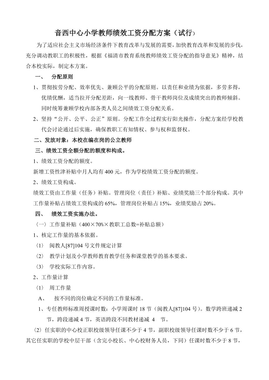 音西中心小学教师绩效工资分配方案讨论汇总.doc_第1页