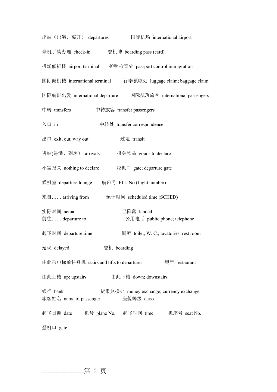 国际机场登机转机标志及常用语中英文对照(3页).doc_第2页