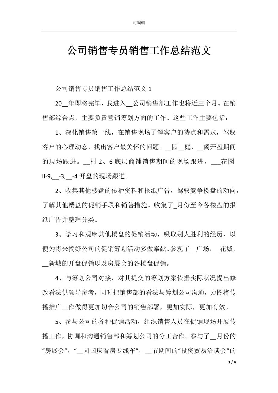 公司销售专员销售工作总结范文.docx_第1页