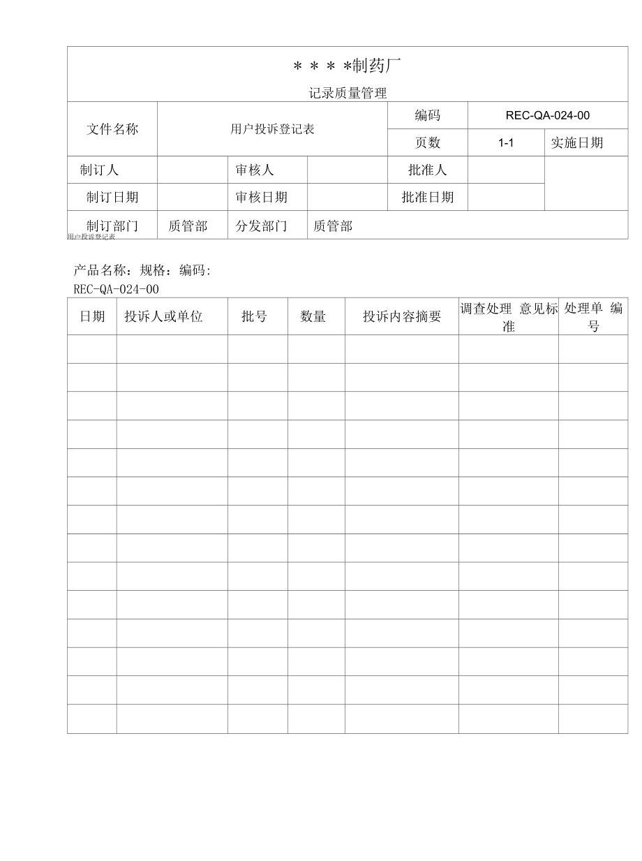 药品GMP文件004-用户投诉登记表.docx_第1页