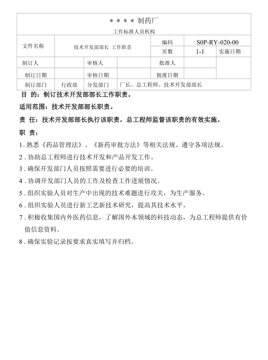 药品GMP文件技术开发部部长工作职责.docx_第1页