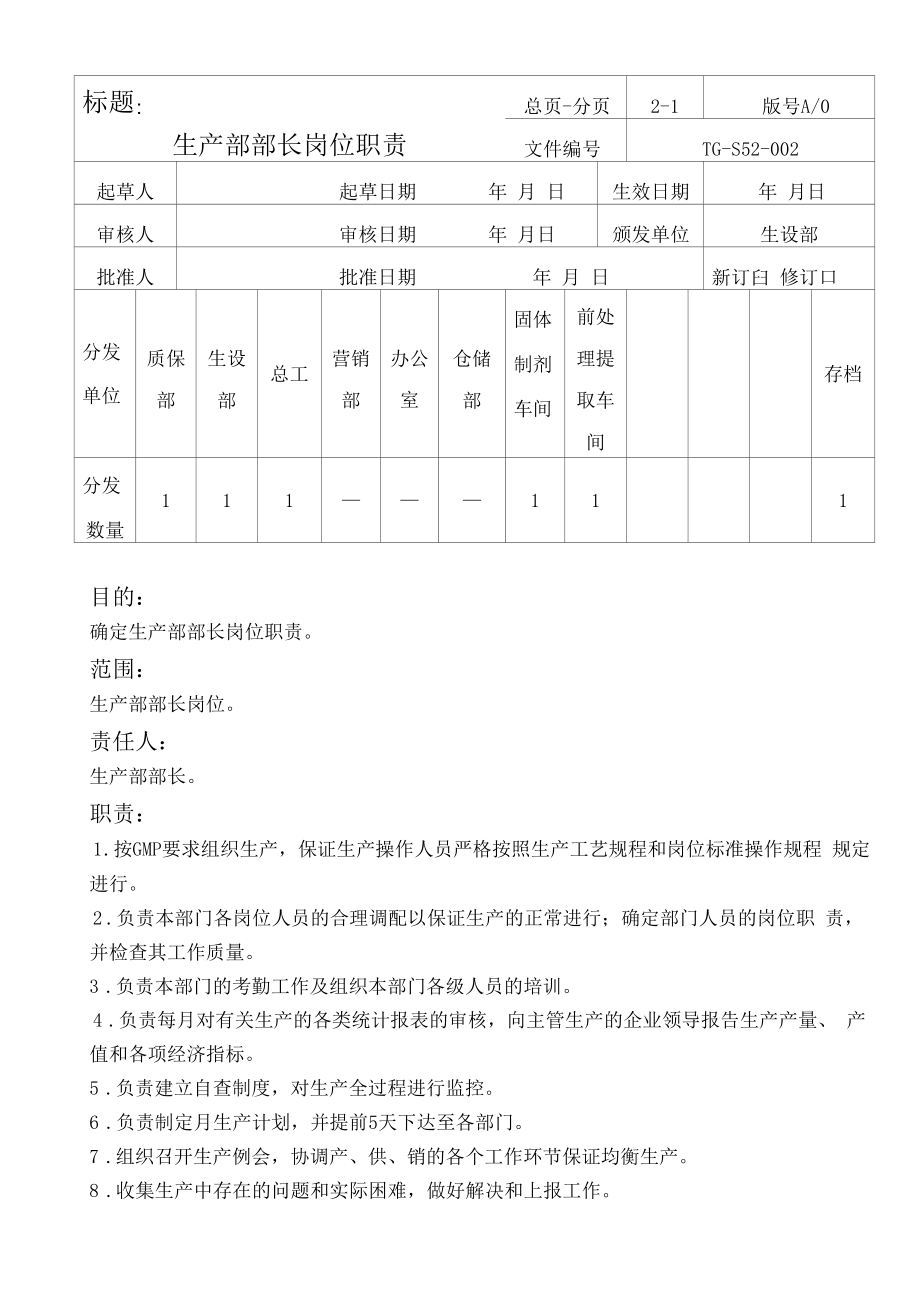 药品GMP文件 007生产部部长岗位职责1.docx_第1页