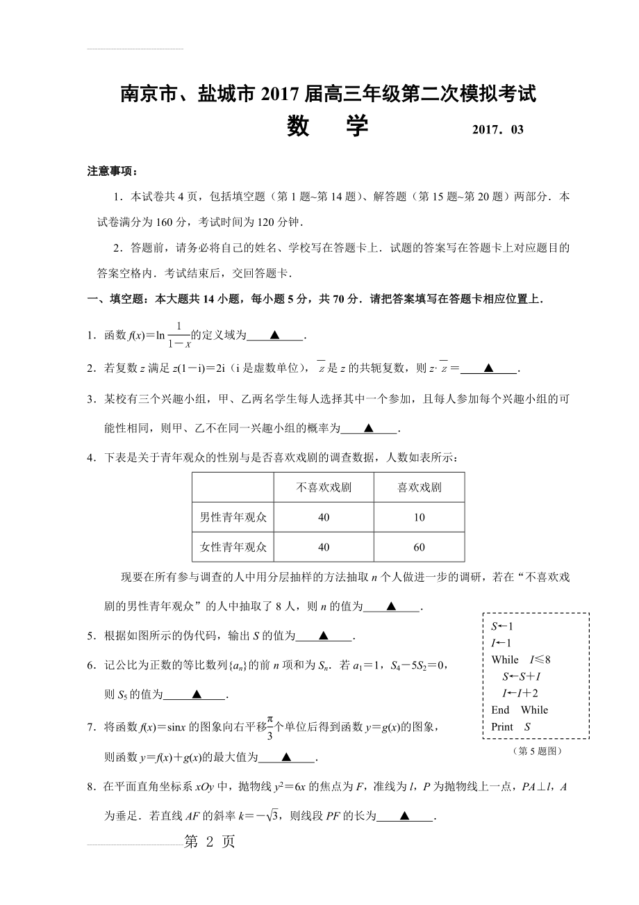 南京盐城市2017届高三二模数学试卷(14页).doc_第2页