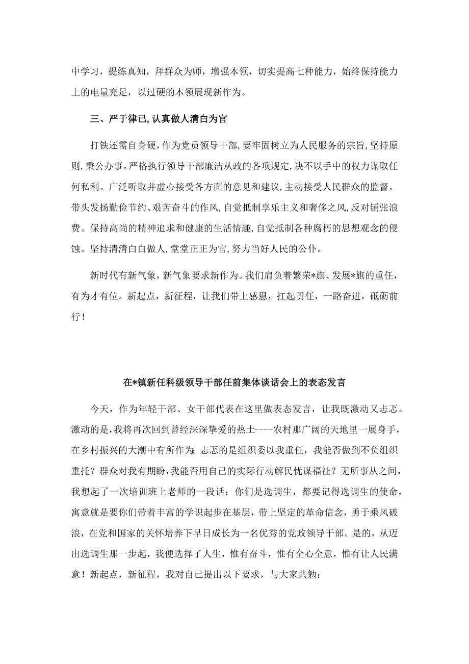 5篇在镇新任科级领导干部任前集体谈话会上的表态发言.docx_第2页