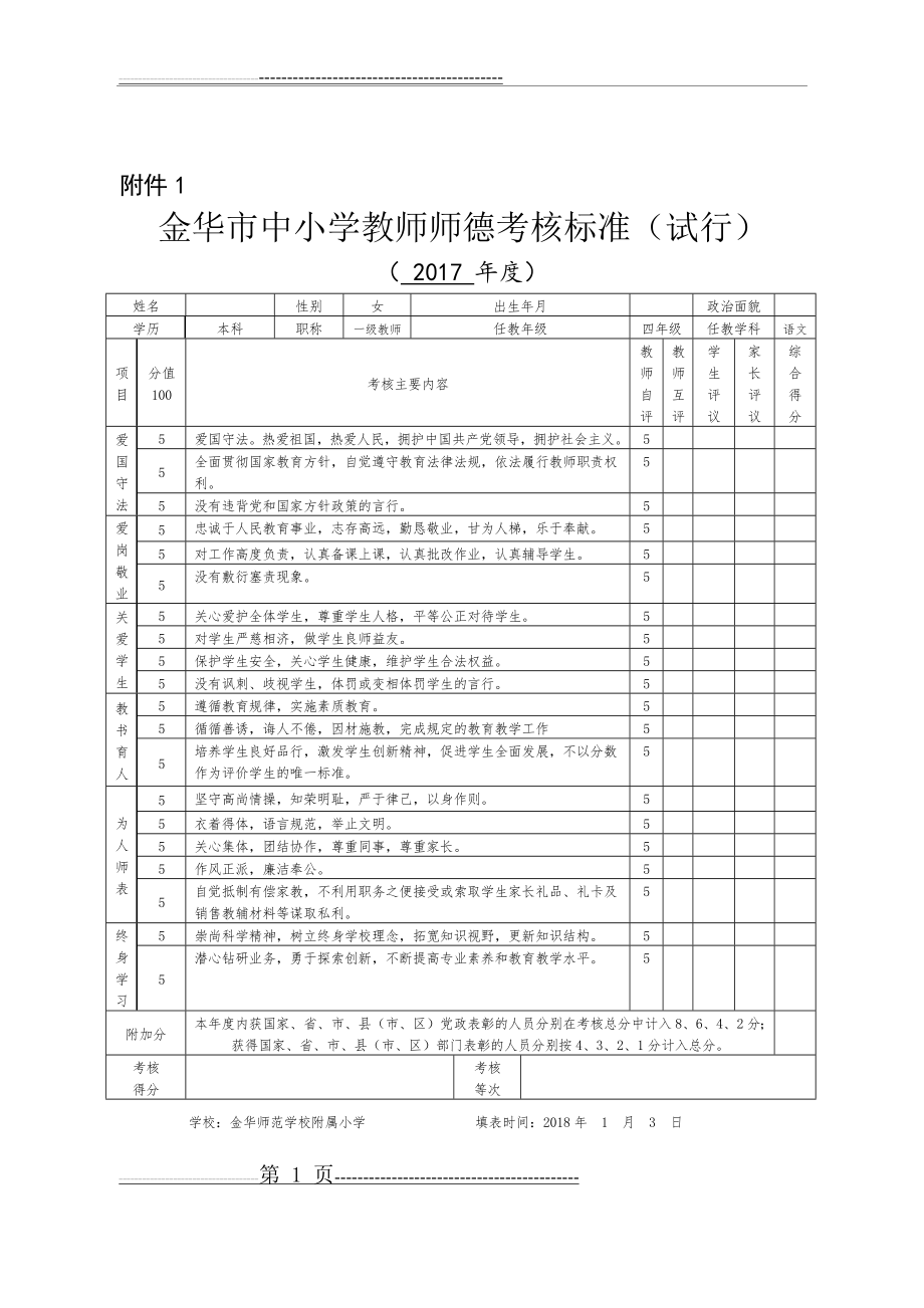 师德考核表(2017年度)(4页).doc_第1页