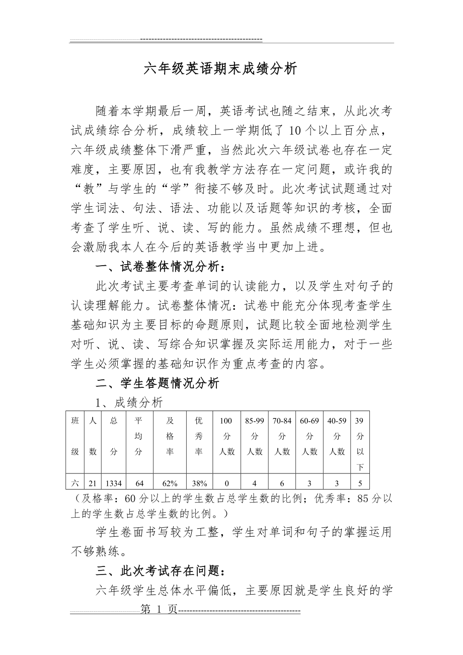 小学六年级期末英语成绩分析(2页).doc_第1页