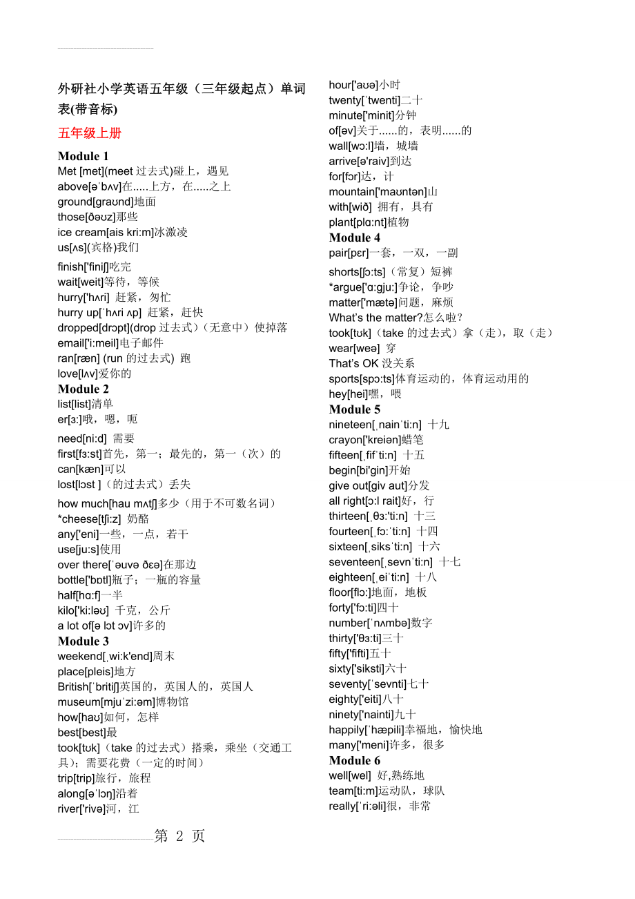 外研社小学英语五年级(上下册)(三年级起点)单词表(带音标)(5页).doc_第2页