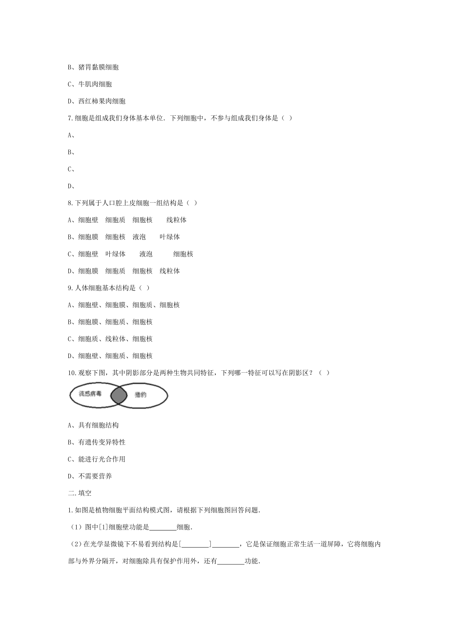 七年级生物上册213动物细胞练习题.doc_第2页