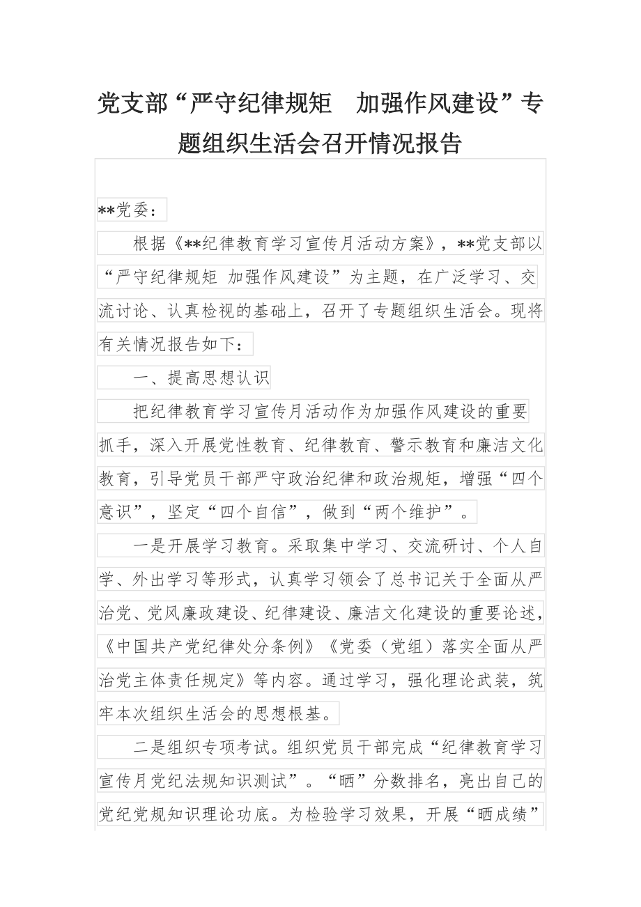 党支部“严守纪律规矩 加强作风建设”专题组织生活会召开情况报告.docx_第1页