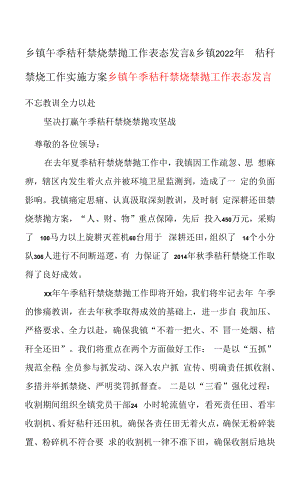 乡镇午季秸秆禁烧禁抛工作表态发言 & 乡镇2022年秸秆禁烧工作实施方案.docx