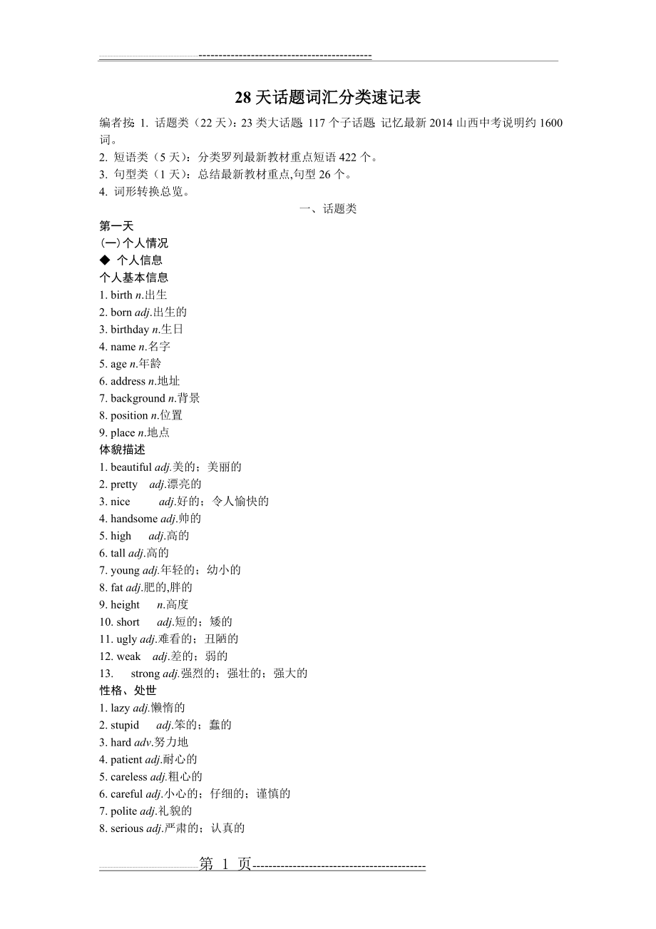 山西中考前28天话题词汇分类速记表(60页).doc_第1页