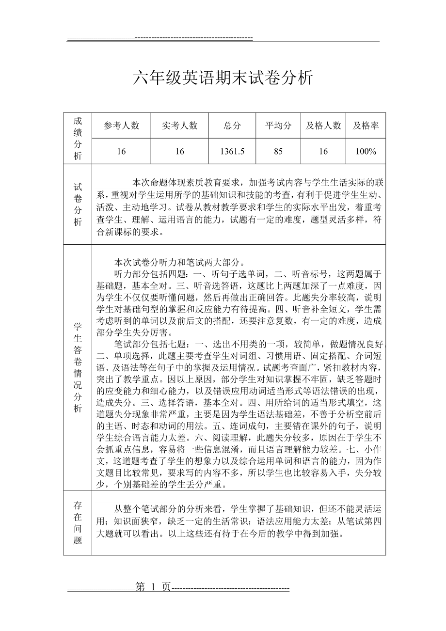 小学六年级英语下册期末试卷分析(2页).doc_第1页