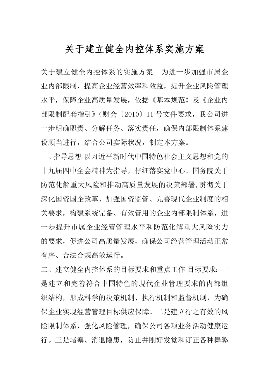 关于建立健全内控体系实施方案.docx_第1页