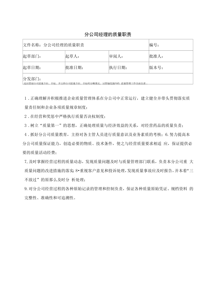 药品GSP文件 5、分公司经理的质量职责.docx_第1页