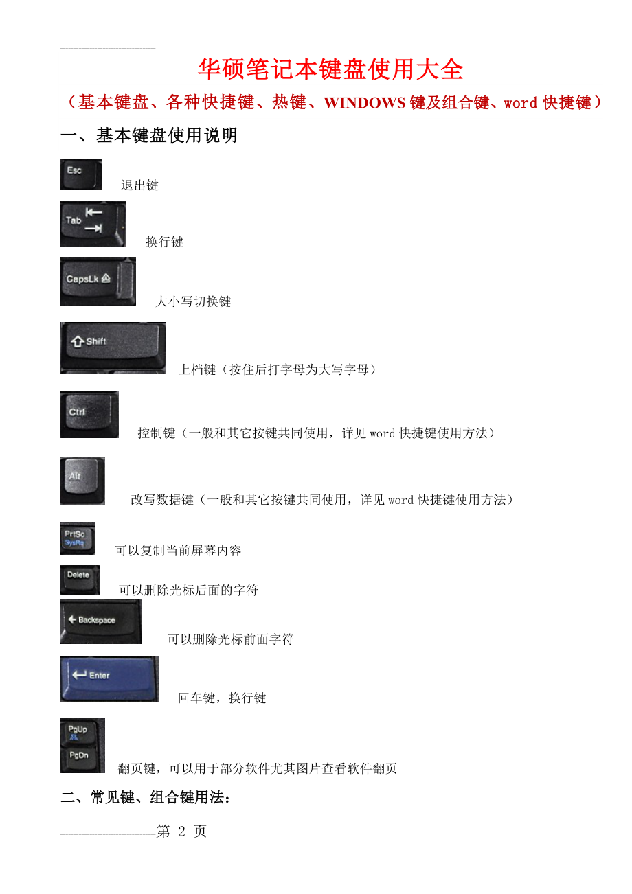 华硕笔记本键盘使用大全(基本键、各种快捷键、热键、WINDOWS键及组合键、word快捷键)(6页).doc_第2页