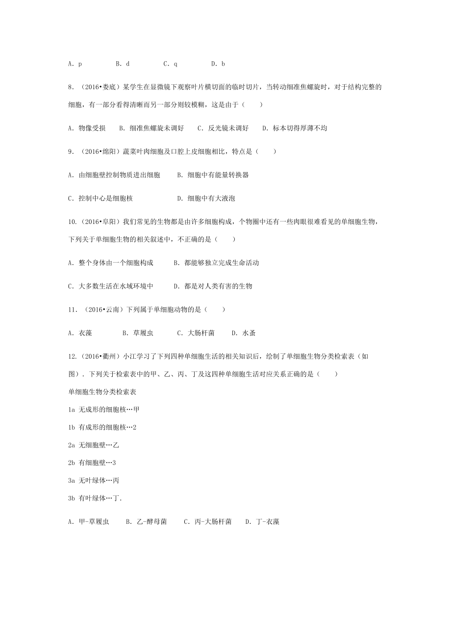 中考生物复习第二单元第一节细胞是生命活动的基本单位特色训.doc_第2页