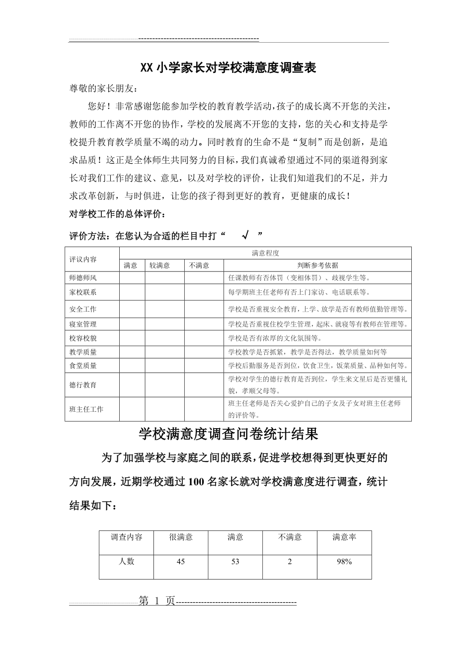 家长对学校满意度调查表(2页).doc_第1页