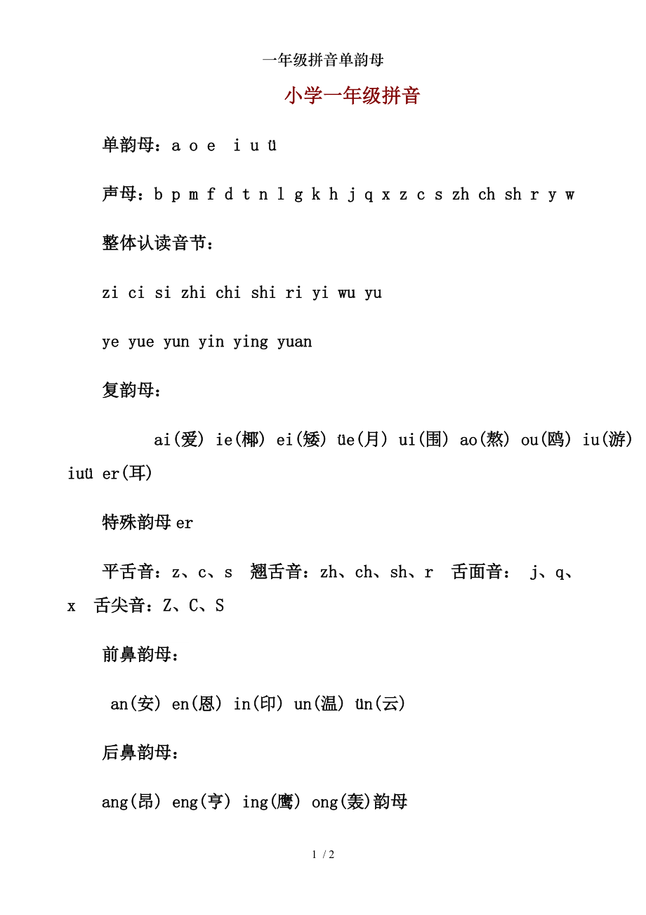 一年级拼音单韵母.doc_第1页