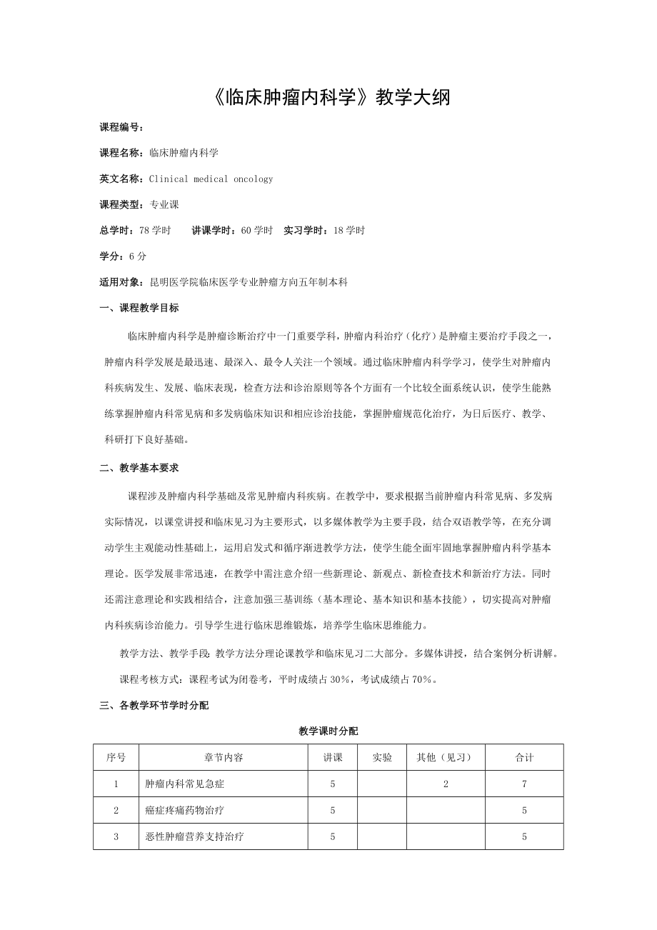 临床肿瘤内科学教学大纲讲解.doc_第1页