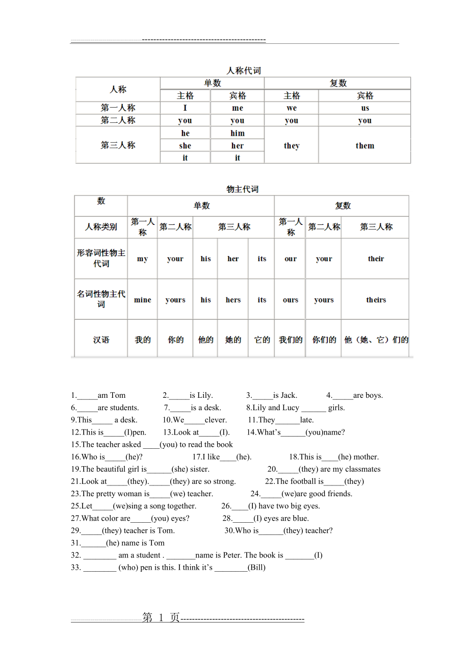 小学英语英语主格宾格及其练习题(2页).doc_第1页