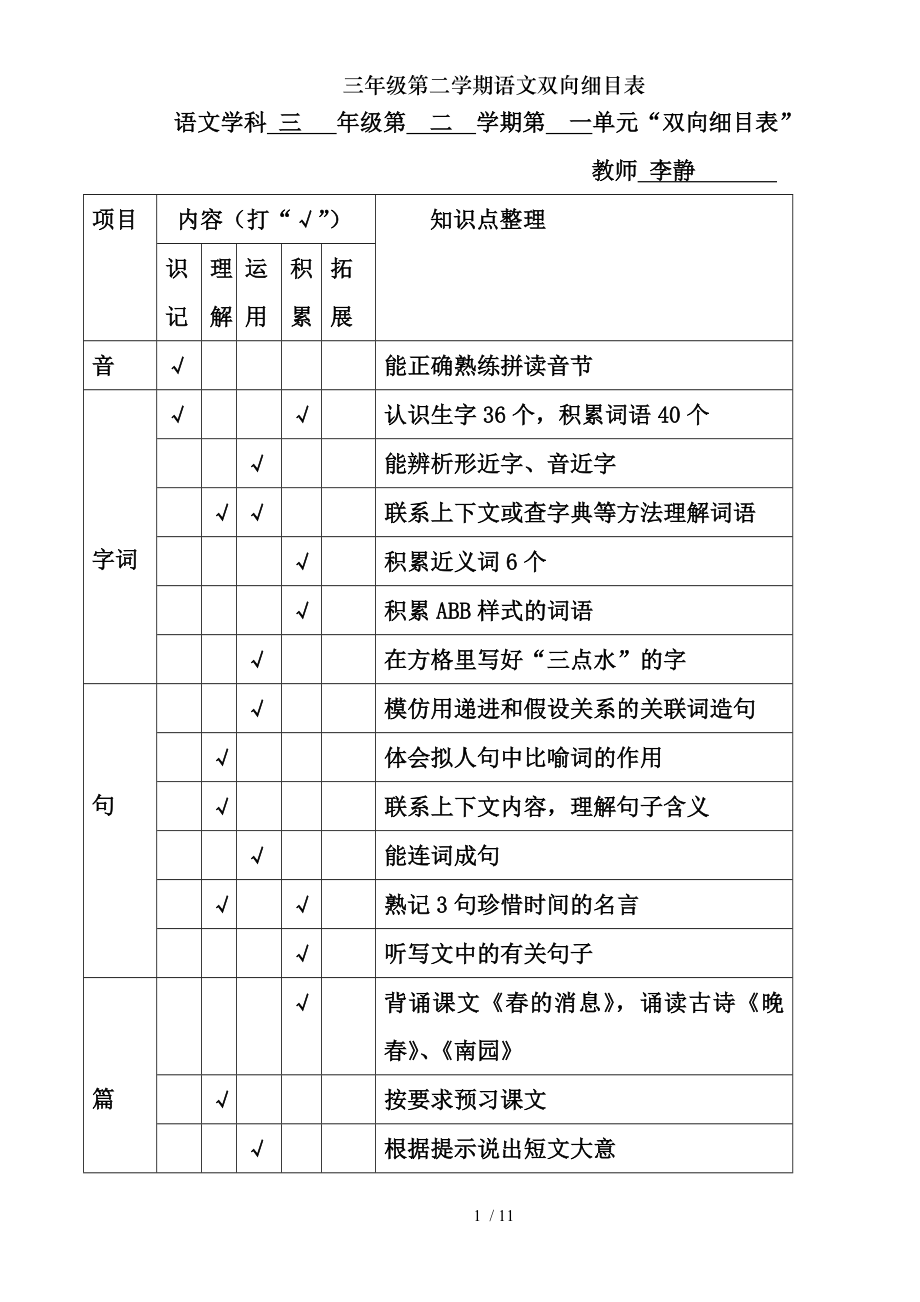 三年级第二学期语文双向细目表.doc_第1页