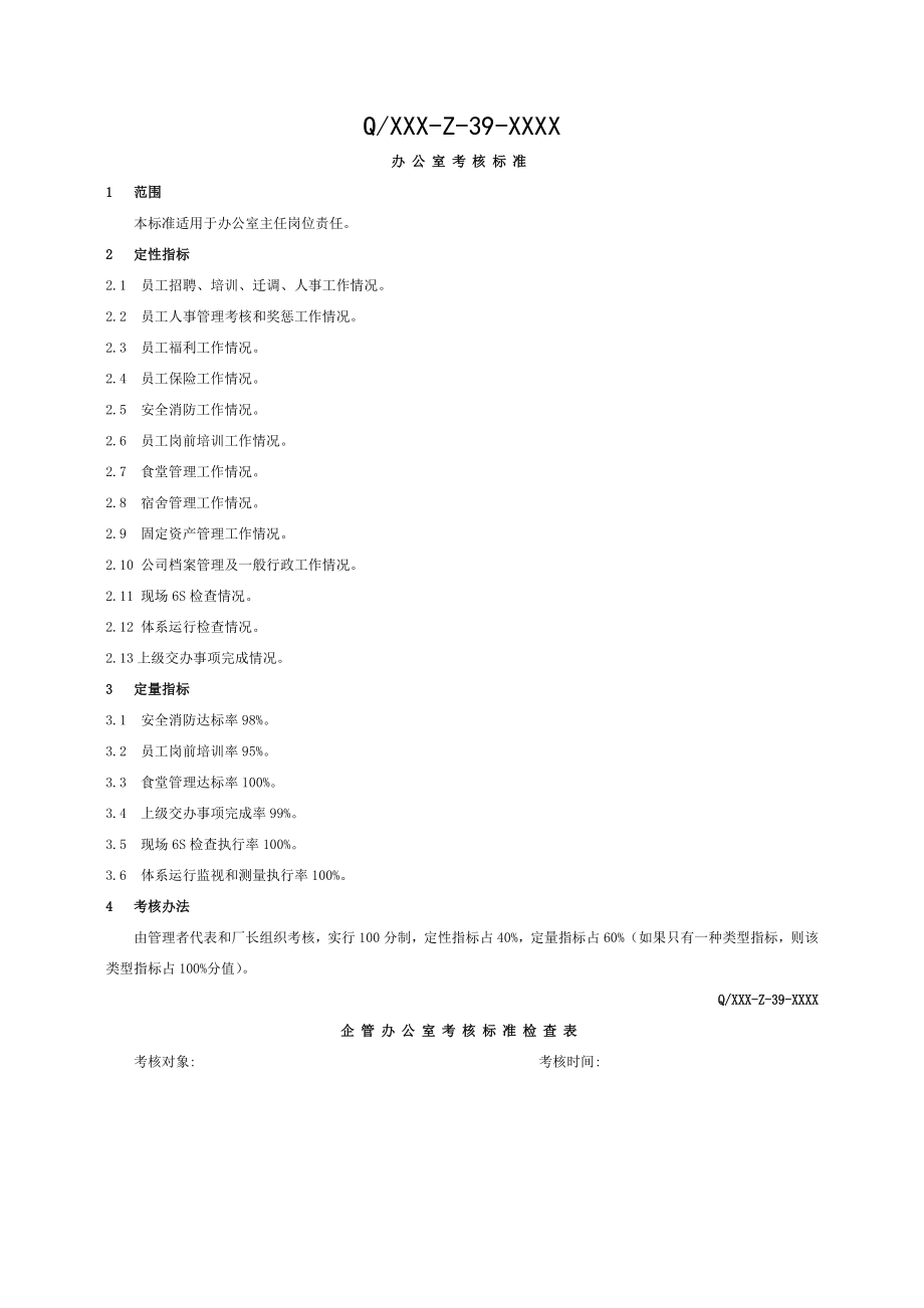 公司各部门考核标准及考核检查表.doc_第1页